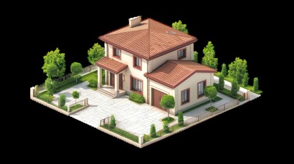 Modern family house with garden at sunset