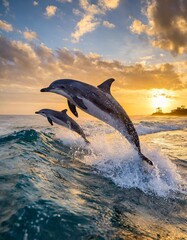 Obraz premium Playful Dolphins Leaping through Ocean Waves at Sunrise