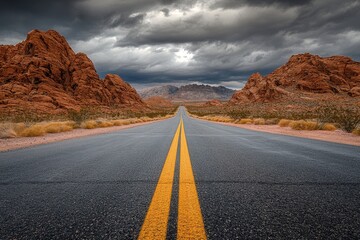 Dramatic desert road landscape with stormy sky