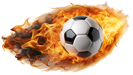 Soccer ball flying on fire isolated on white background