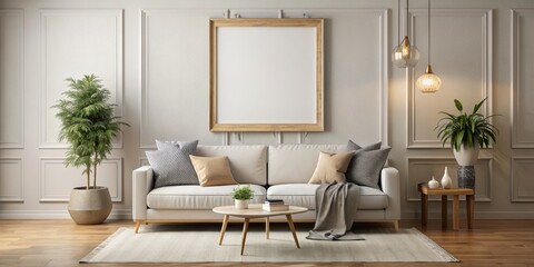 Fototapeta premium Blank picture frame hanging on wall with mockup, decorated living room , interior design, home decor, frame, wall art