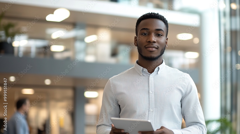 Sticker Young Professional Holding Tablet in Modern Office