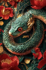 Fototapeta premium Lunar prosperity: Text 2025 with Green Snake, symbolizing growth, good fortune for Chinese New Year, reflecting themes of wisdom, harmony, rebirth according to oriental calendar.
