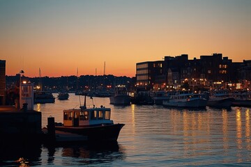Fototapeta premium Scenic sunset over a bustling harbor
