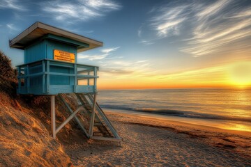 Scenic sunset over a beach with a lifeguard tower