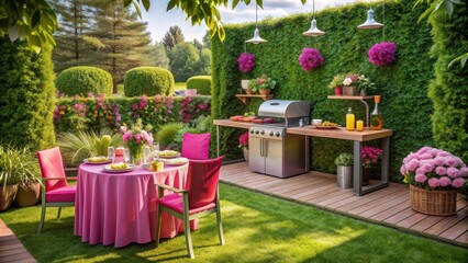 Obraz premium Lush garden setting with a glamorous touch, featuring a pink barbecue setup and vibrant greenery, Garden, Glamour, Greenery, Pink