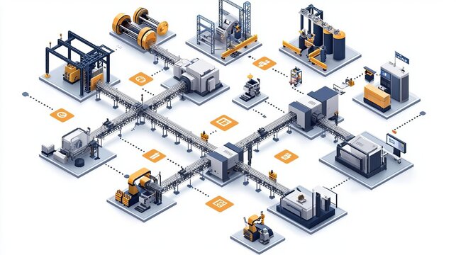 Industrial Manufacturing Production process Flowchart of a production process with machinery icons, clean and minimalistic infographic, isolated on white background