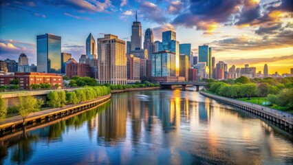 Fototapeta premium Cityscape with river flowing through urban skyline, city, skyline, river, cityscape, urban, buildings, architecture