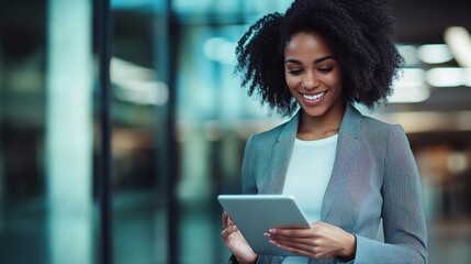 Professional Woman Using Tablet in Modern Office Setting
