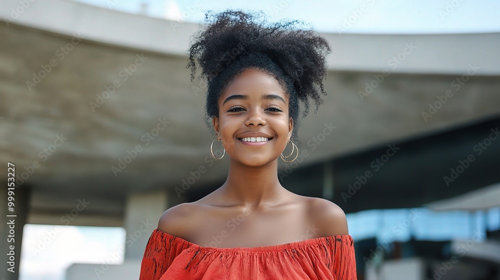 Sticker Joyful Young Woman Smiling Outdoors