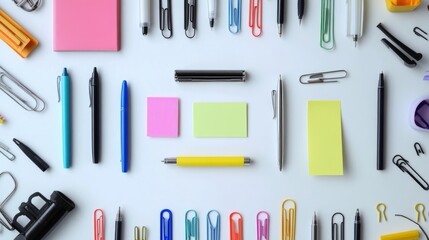 A flat lay of assorted office supplies including pens, paper clips, sticky notes, and a stapler arranged neatly on a clean white background.
