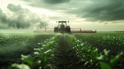 Fototapeta premium A futuristic 3D farm scene with a tractor driven by an AI-controlled system, navigating through digital rows of crops under a cloudy sky.