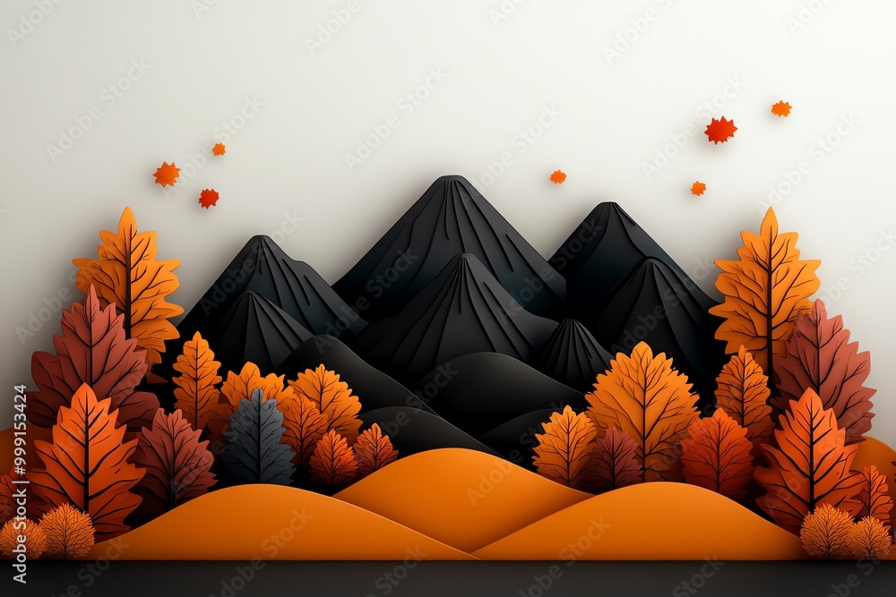 Aufkleber Minimal autumn mountain landscape, with clean lines and simple color blocks representing mountains, trees in fall colors, and a soft gradient sky