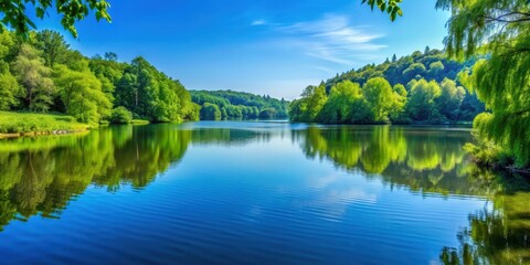Fototapeta premium A beautiful landscape view of a serene lake surrounded by lush green trees and a clear blue sky , nature, background
