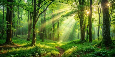 Obraz premium Blurred background of lush green forest with soft sunlight filtering through the trees, nature, trees, foliage, green