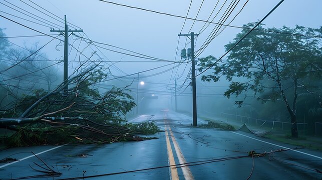 Road with fallen trees and power lines after hurricane