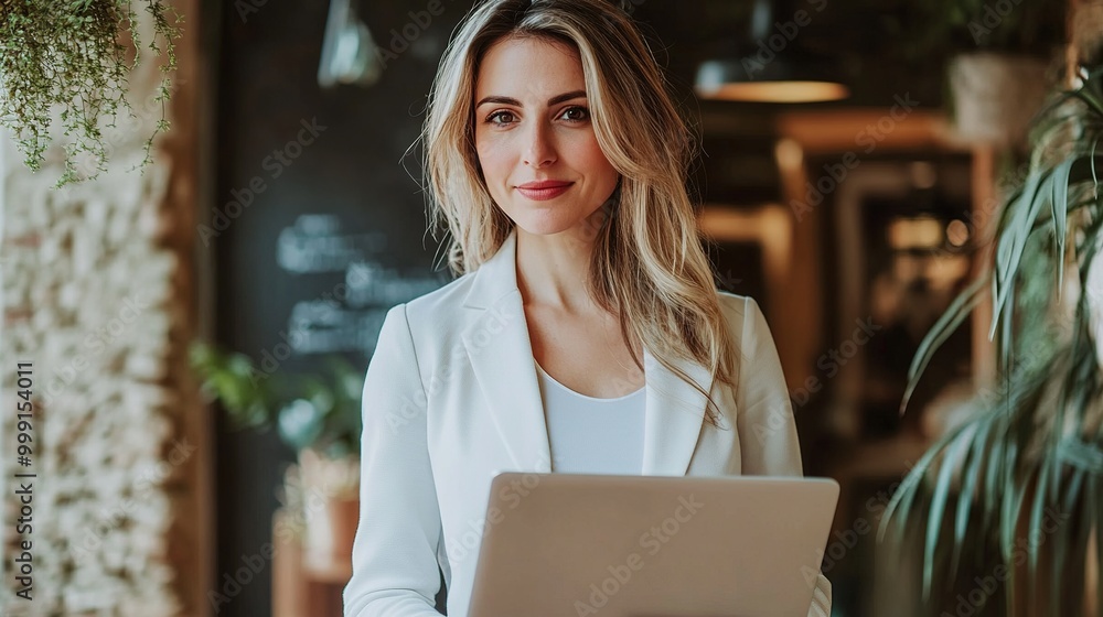 Wall mural Professional Woman with Laptop in Modern Workspace