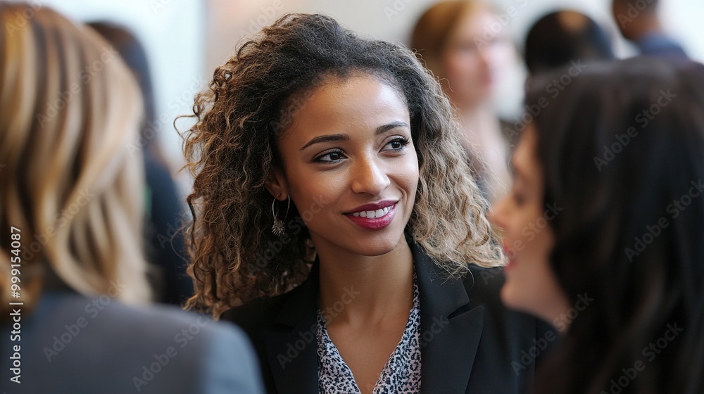 Poster engaging businesswoman in conversation at networking event