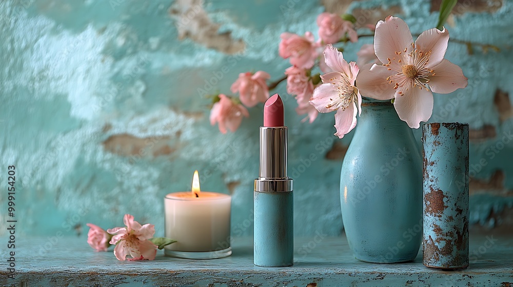 Canvas Prints Pink lipstick, candle, and pink flowers in a vase on a rustic blue background.