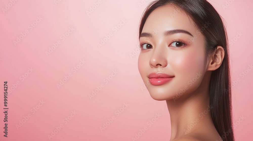 Poster an asian woman poses with impeccable skin against a pastel pink backdrop, reflecting skincare excell