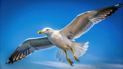 Fototapeta premium A close-up photo of a majestic gull flying gracefully in a clear blue sky, gull, bird, wildlife, nature, wings, feathers, seagull