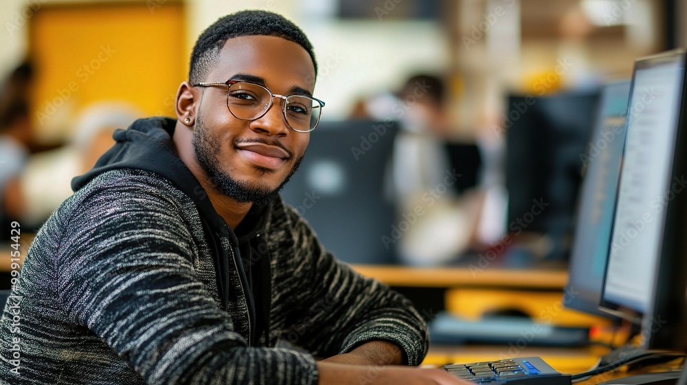Poster young man smiling while working at computer station