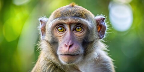 Fototapeta premium A mischievous monkey making eye contact with someone, monkey, primate, animal, jungle, wildlife, curious, playful
