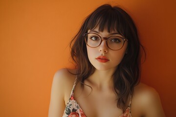 A young woman in glasses poses against a bold red backdrop, exuding confidence and calm. The vibrant setting and minimalist style emphasize her natural beauty and casual elegance.