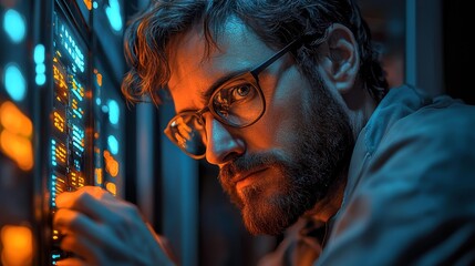 Obraz premium Man Working on a Server Panel in Neon Lighting Generative AI