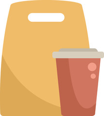 Simple illustration featuring a brown paper lunch bag with a to go coffee cup, representing a takeaway food order
