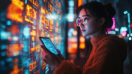Obraz premium Woman Analyzing Data on Tablet at Night Generative AI