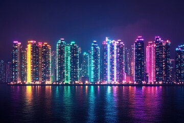 Obraz premium Vibrant city skyline at night with colorful illuminated skyscrapers