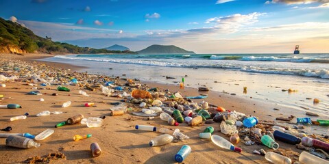 Obraz premium A pollution-filled beach with plastic bottles scattered among the sand, beach, litter, plastic, bottles, pollution