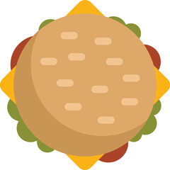 This illustration features a delicious looking burger, seen from above, with lettuce, tomato, and cheese