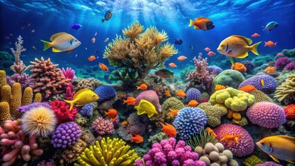 Fototapeta premium Vibrant underwater coral garden teeming with diverse marine life, coral reef, underwater, ocean, biodiversity