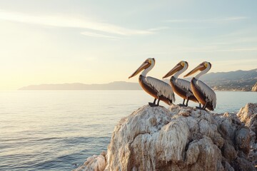 Pelicans perched on rocky cliff overlooking ocean at sunset