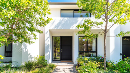 A modern white townhouse featuring striking entrance surrounded by lush greenery and vibrant plants. clean lines and contemporary design create welcoming atmosphere