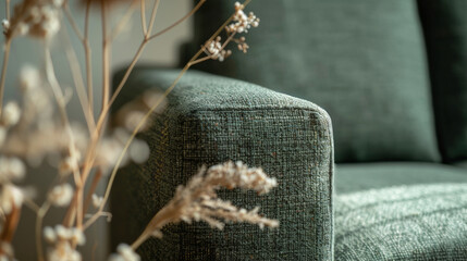 Obraz premium Grünes Sofa mit Trockenblumen im Vordergrund in Nahaufnahme.
