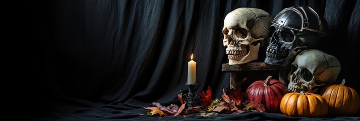 spooky halloween scene with skulls and pumpkins