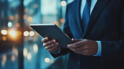 Businessman Holding Tablet in Modern Office Setting