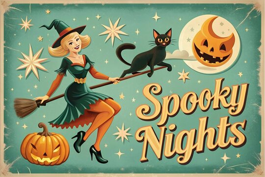 Vintage Halloween illustration in Old Hollywood style: a blonde dressed as a witch "flies" through the starry sky on a broom with a black cat, the inscription: "Spooky Nights", a horned pumpkin