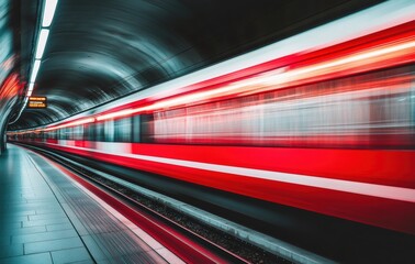 A subway train streaks through the cityscape in a long exposure image, reflecting dynamic movement and contemporary transit.