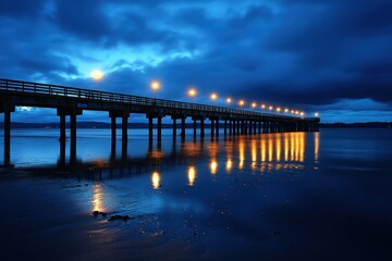 Obraz premium Illuminated bridge over a calm lake at night