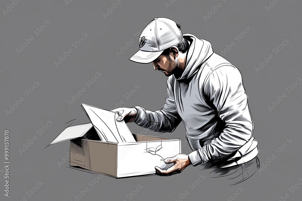 Poster minimal sketch of a consumer unpacking a delivery, with focus on the act of opening a box, rendered 