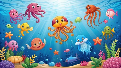 Nautical clipart with jellyfish, octopus, ramps, clown fish, sea horses, and crabs , underwater