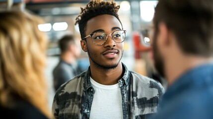 Obraz premium Young Man Engaging in Conversation in Modern Setting