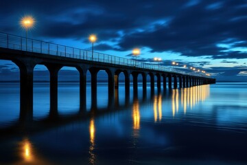 Obraz premium Illuminated bridge over calm waters at dusk