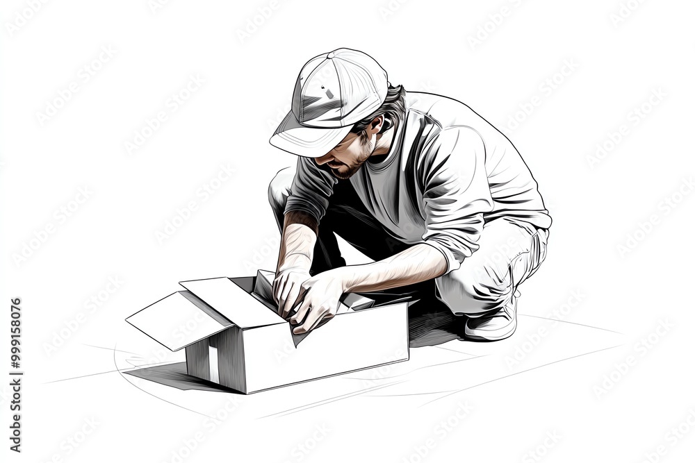 Poster minimal sketch of a consumer unpacking a delivery, with focus on the act of opening a box, rendered 
