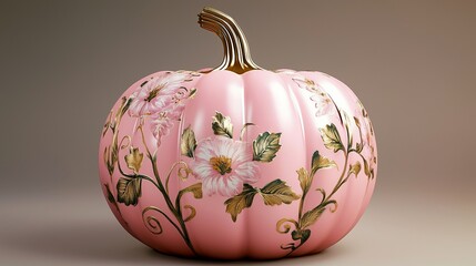 Elegant pink pumpkin adorned with a glossy gold stem, featuring hand-painted floral designs, perfect for adding a stylish touch to Halloween decor