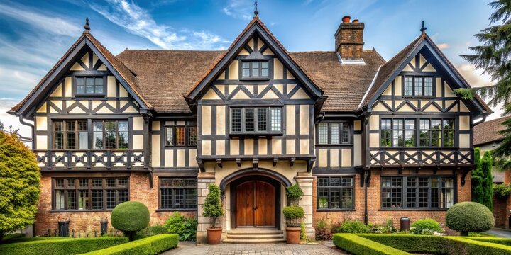 Tudor-style home with half-timber detailing and arched entryway, Tudor, architecture, old-world, charm, vintage